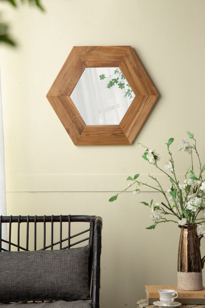 Hexagon Mirror With Natural Wood Frame, Wall Decor For Living Room Bathroom Hallway - Natural