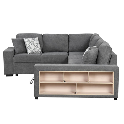 U-Shaped Sectional Sofa Pull-Out Sofa Bed With Two USB Ports, A Storage Chaise Lounge And Four Back Pillows For Living Room - Gray