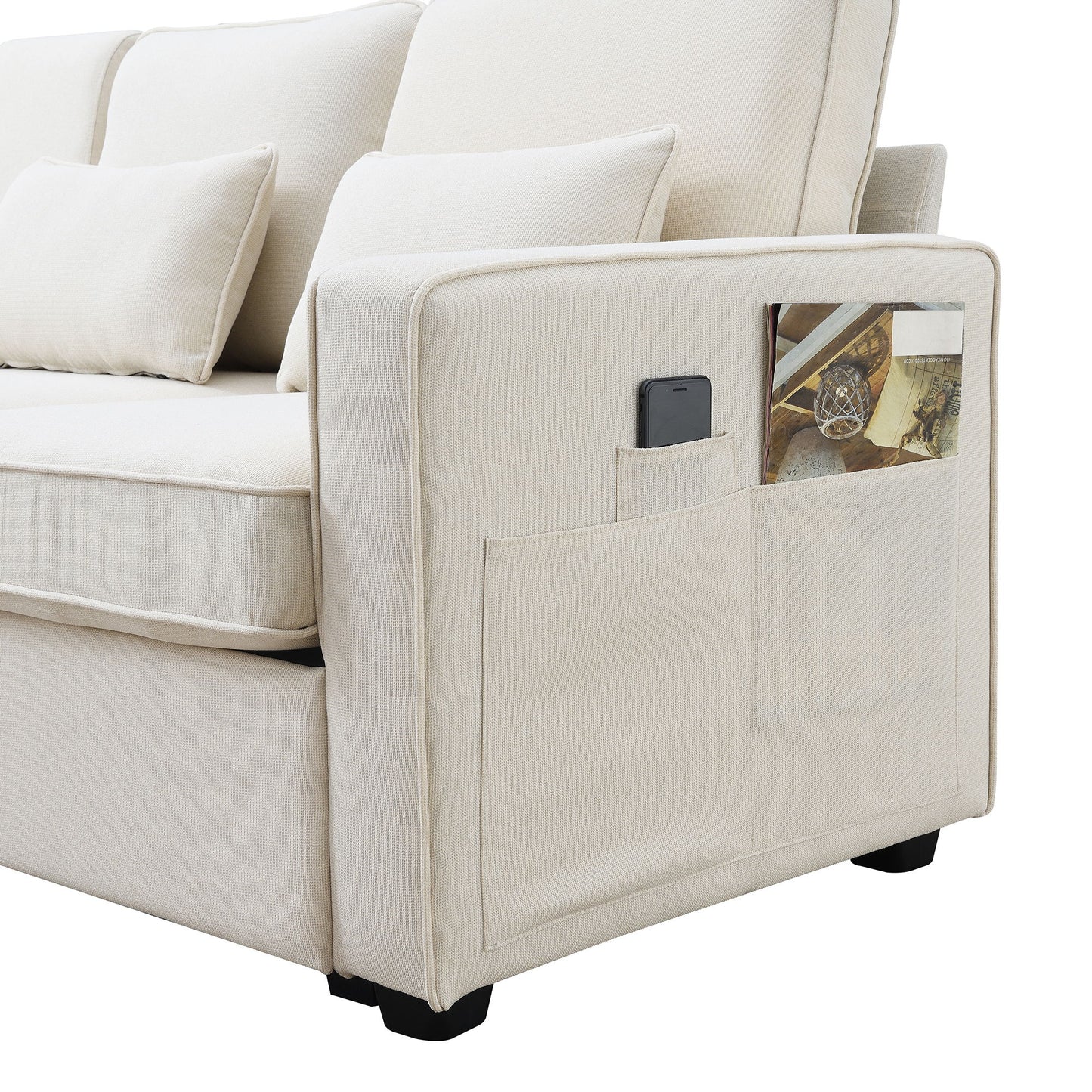 Upholstered Sofa With Console, 2 Cupholders And 2 USB Ports Wired Or Wirelessly Charged, Modern Linen Fabric Couches With 4 Pillows (4 Seat) - Beige