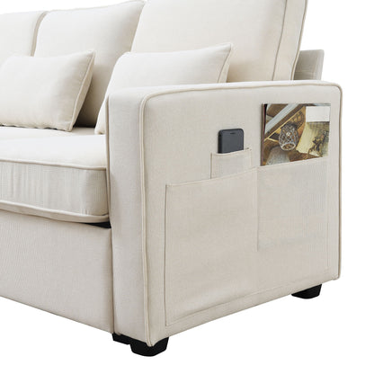 Upholstered Sofa With Console, 2 Cupholders And 2 USB Ports Wired Or Wirelessly Charged, Modern Linen Fabric Couches With 4 Pillows (4 Seat) - Beige