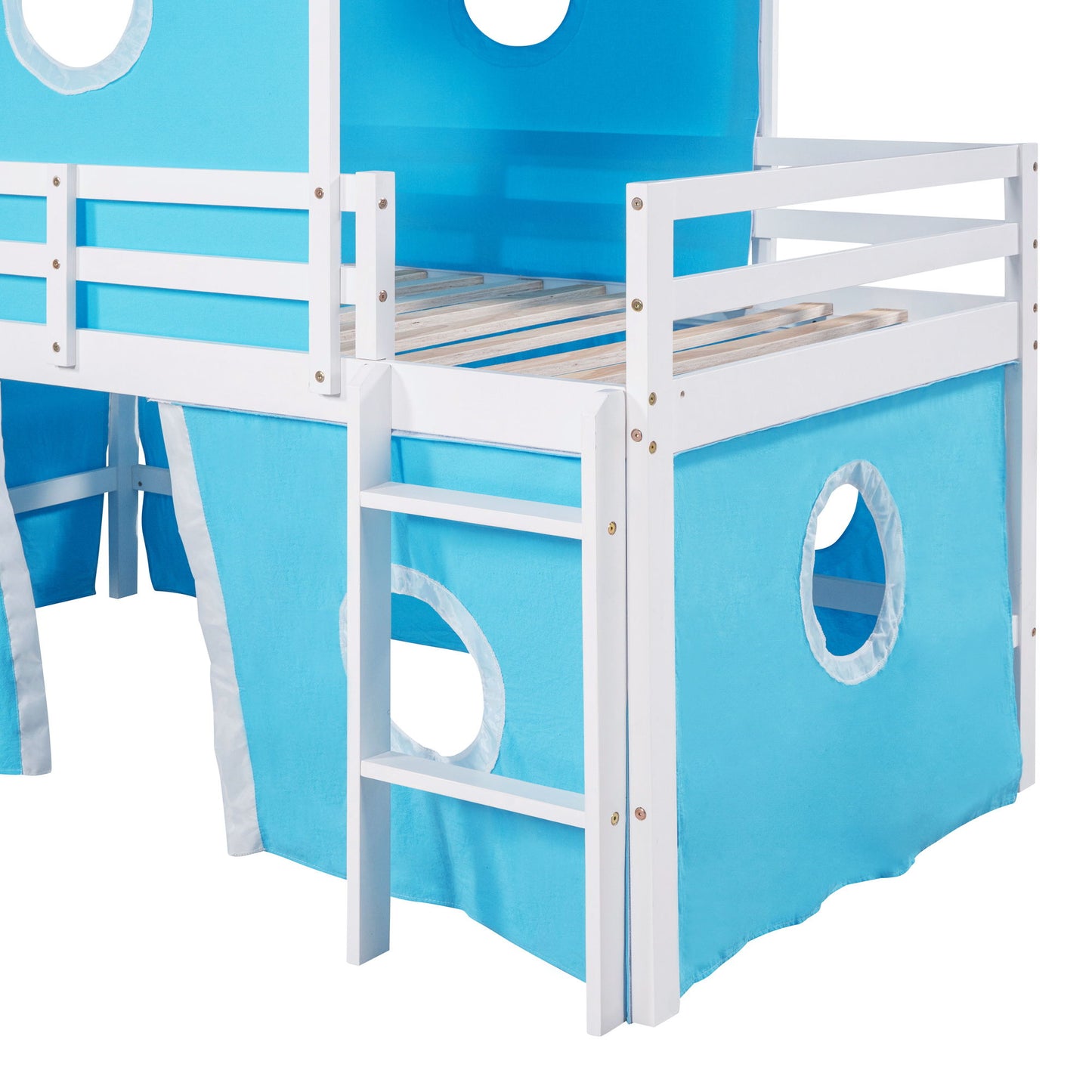 Twin Size Loft Bed With Slide Blue Tent And Tower - Blue