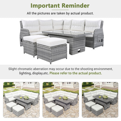 Outdoor Furniture Set Patio Rattan Furniture Set With An Adjustable Table, Recliners With Extendable Side Tables, And 2 Ottomans For Patio, Lawn, Backyard, Pool - Beige