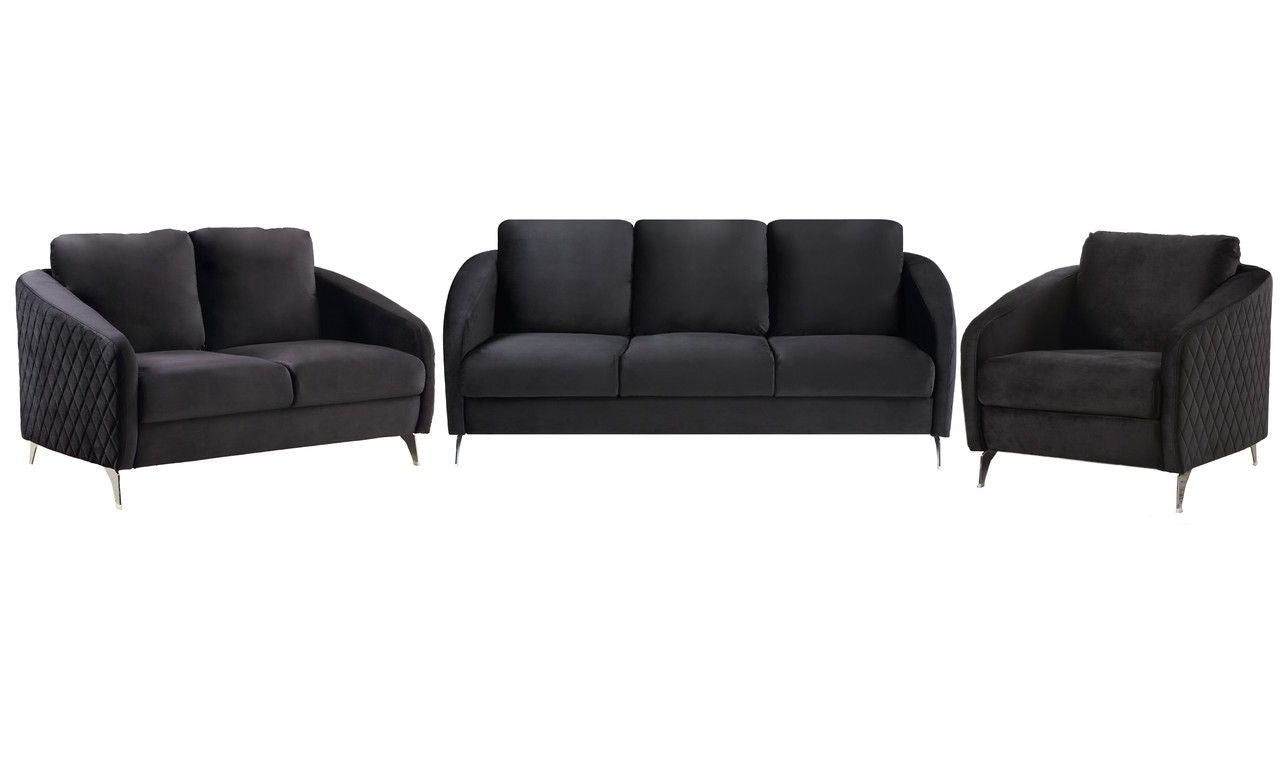 Sofia - Velvet Fabric Sofa Loveseat Chair Living Room (Set of 3) - Black