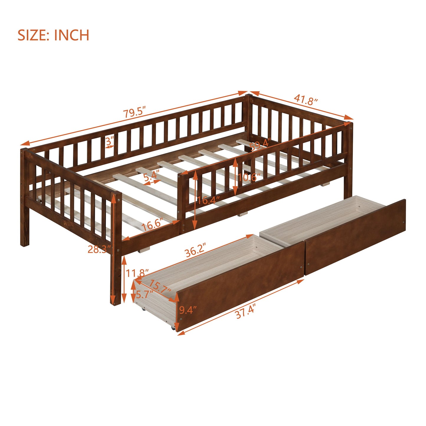 Twin Size Daybed Bed With Two Drawers - Walnut