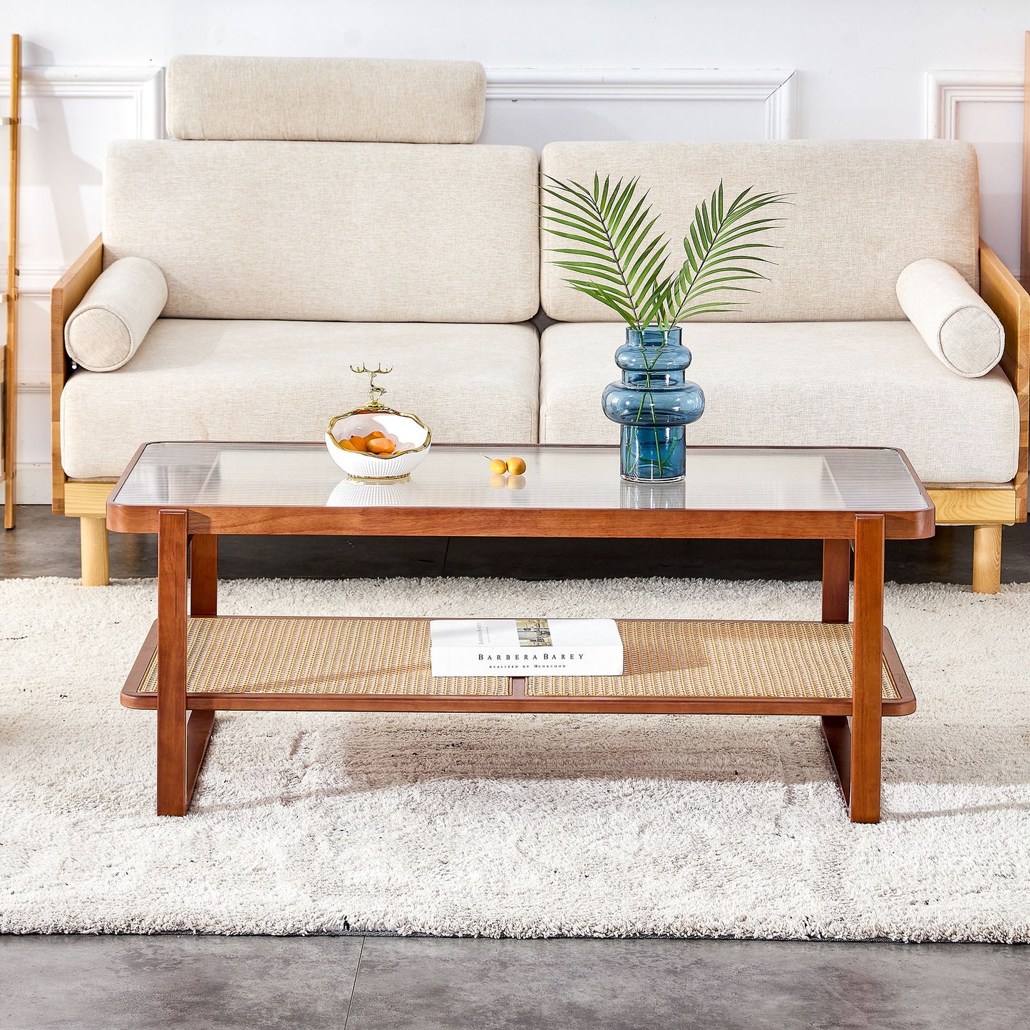 Modern Simple Rectangle Double Layer Solid Wood Glass Desktop Tea Table Rattan Woven Chinese Side Table Small Rectangle Table - Natural Wood
