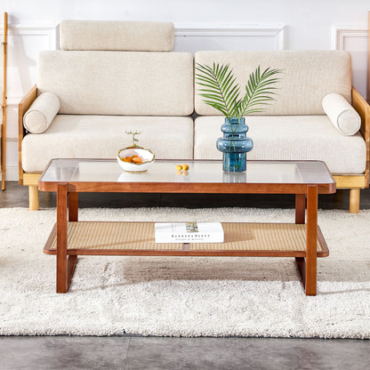 Modern Simple Rectangle Double Layer Solid Wood Glass Desktop Tea Table Rattan Woven Chinese Side Table Small Rectangle Table - Natural Wood