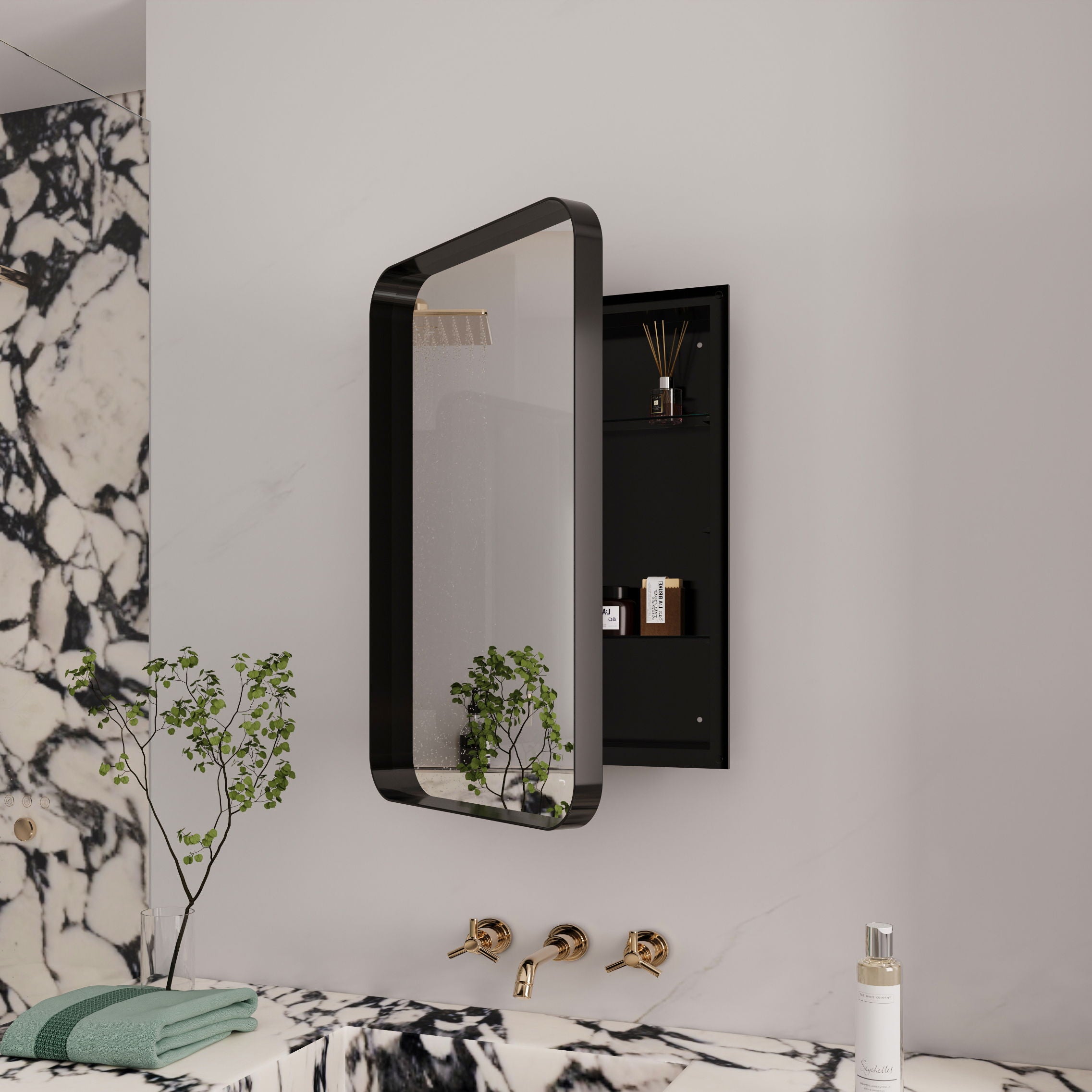Recessed Metal Framed Medicine Cabinet With Mirror And Adjustable Shelves Wall Mirror With Storage For Bathroom - Black