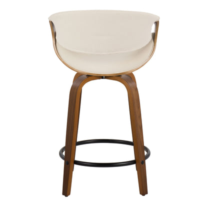 Curvini Mid-Century Modern Fixed Height Counter Stool With Swivel With Round Footrest (Set of 2) - Walnut / Cream