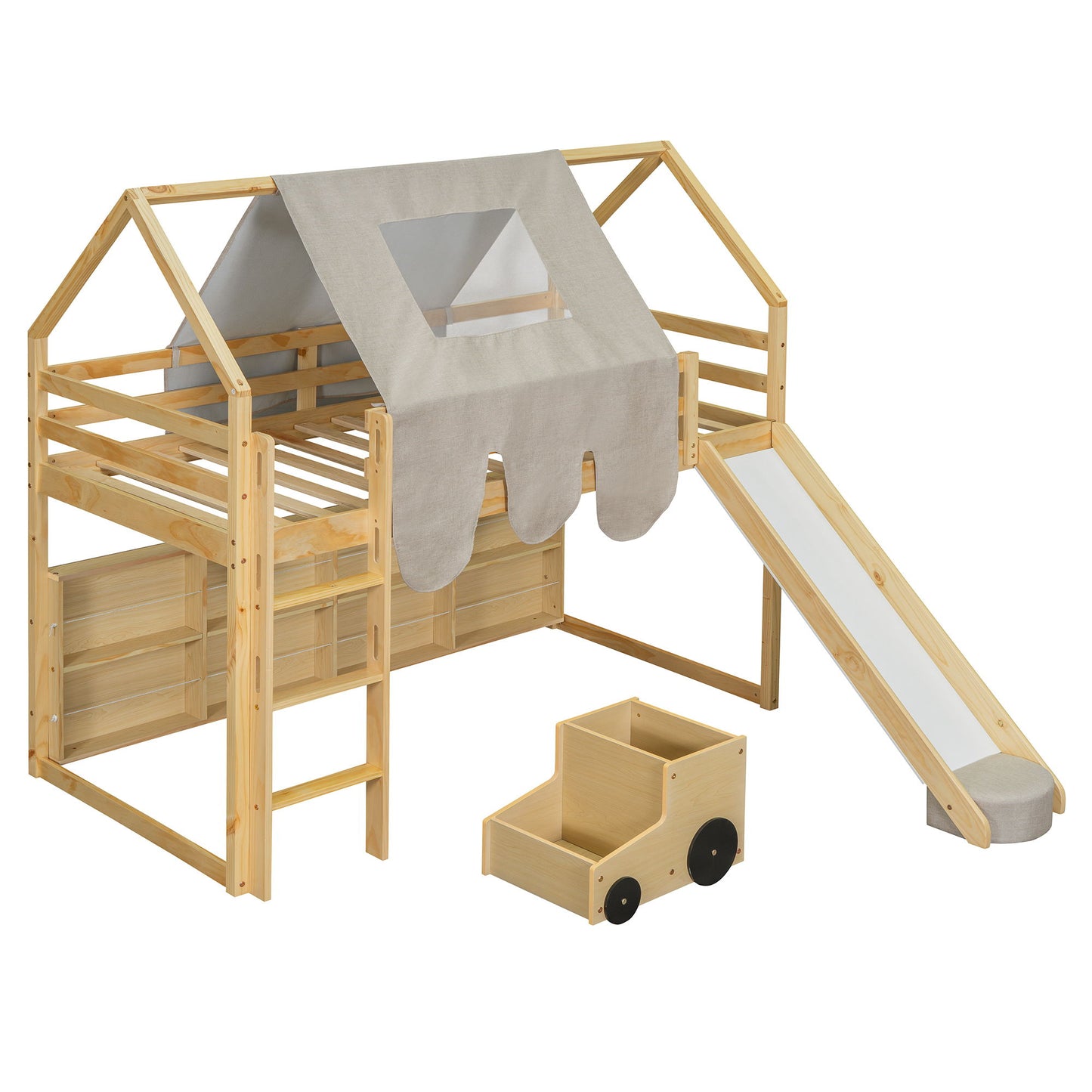 Twin Size Loft Bed With House Shaped Frame And Tent - Natural / Beige