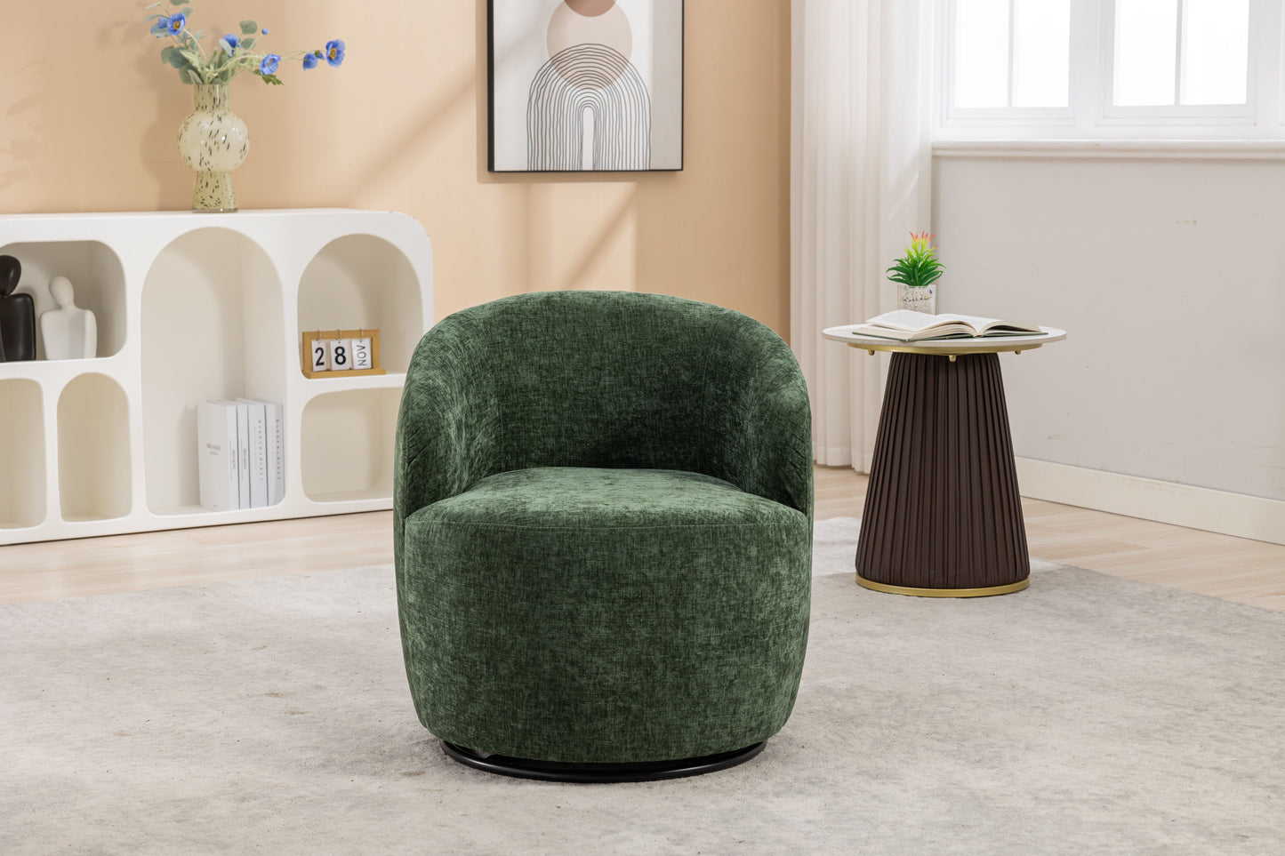 Chenille Fabric Swivel Accent Armchair Barrel Chair With Black Powder Coating Metal Ring - Green