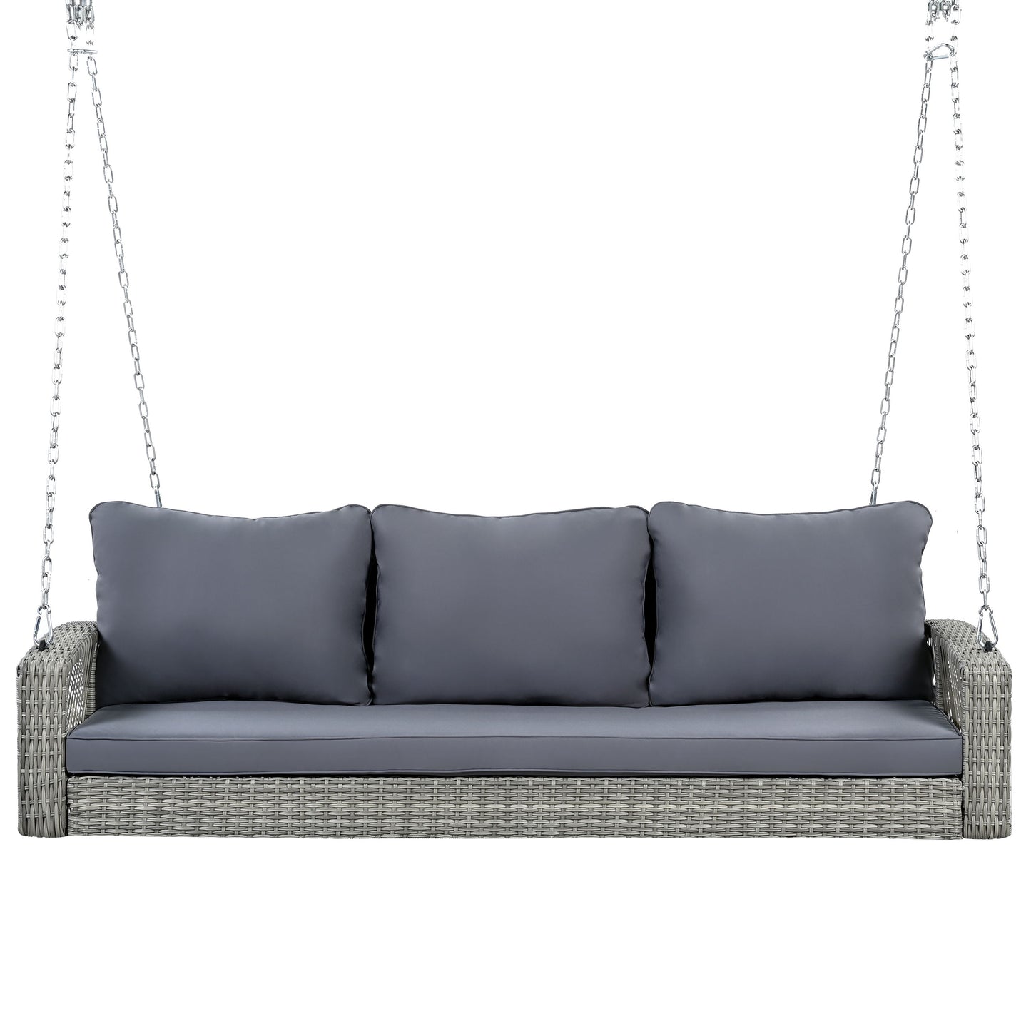 3 Person Porch Swing With Chains, Large Patio Swing Bench With Cushions For Backyard, Garden, And Poolside - Gray