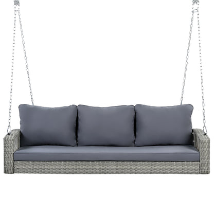 3 Person Porch Swing With Chains, Large Patio Swing Bench With Cushions For Backyard, Garden, And Poolside - Gray