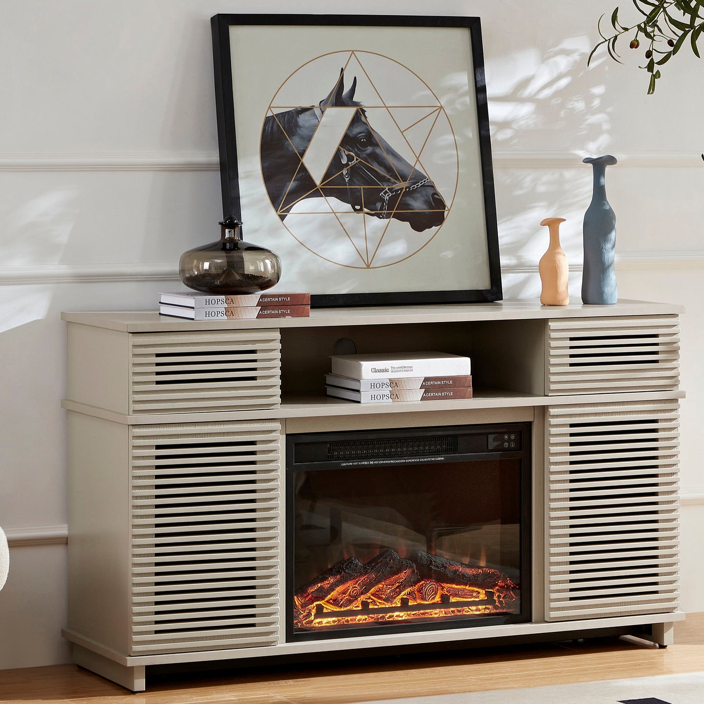 Modern Solid Wood Cabinet With Adjustable Shelves And Remote-Controlled Fireplace - Light Gray