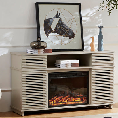 Modern Solid Wood Cabinet With Adjustable Shelves And Remote-Controlled Fireplace - Light Gray