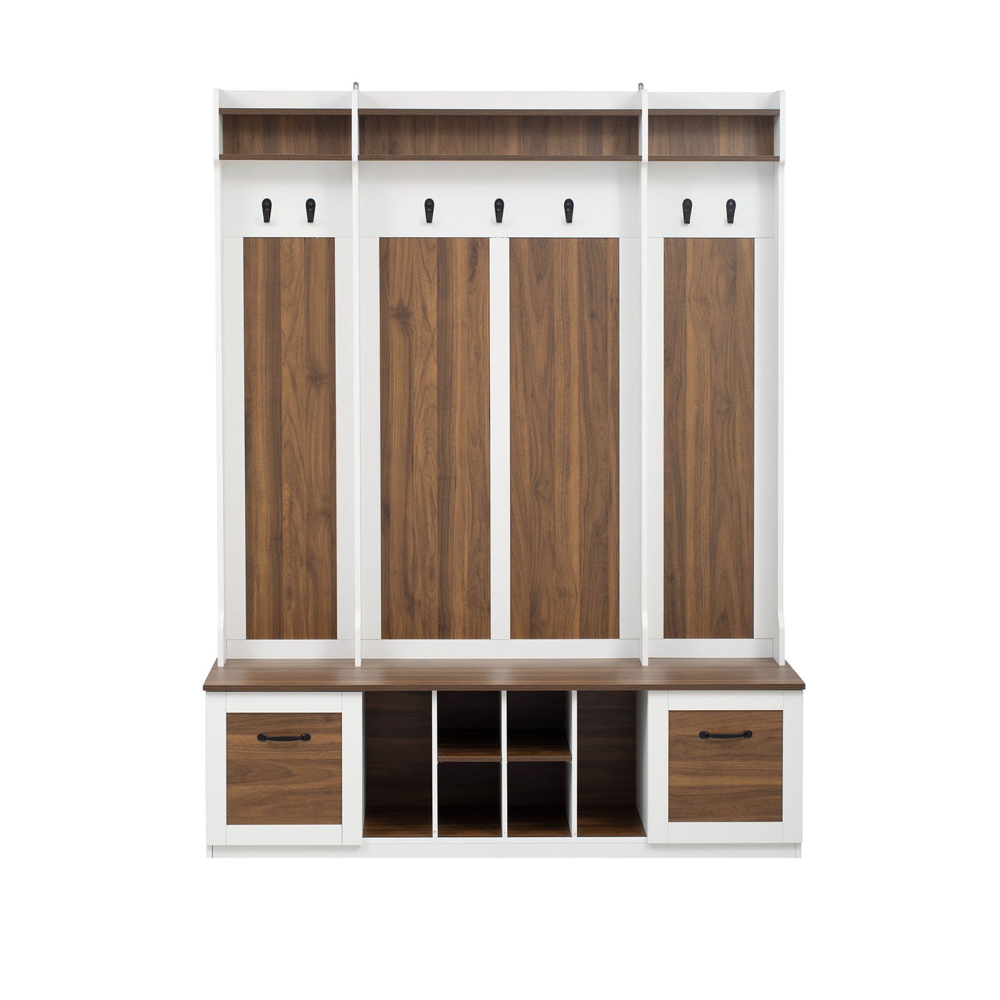 5 In 1 Entryway Bench With Coat Rack, 7 Sturdy Hooks, 2 Spacious Drawers And Adjustable Shelves, Wide Hall Tree With Metal Handles For Hallway - Brown / White