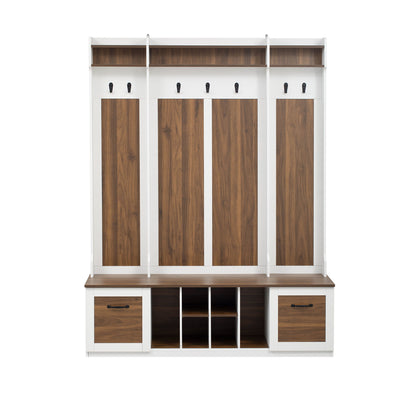 5 In 1 Entryway Bench With Coat Rack, 7 Sturdy Hooks, 2 Spacious Drawers And Adjustable Shelves, Wide Hall Tree With Metal Handles For Hallway - Brown / White
