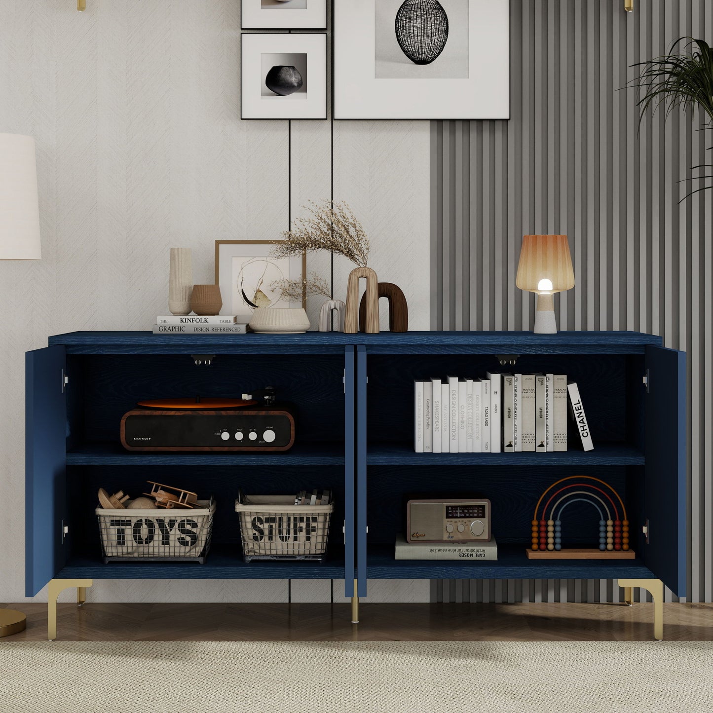Modern 4 Door Sideboard With Creative Carved Surface And Adjustable Shelves - Light Blue