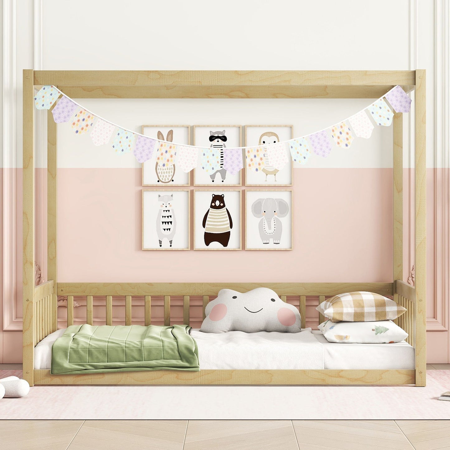 Twin Size Canopy Frame Floor Bed With Fence, Guardrails - Natural