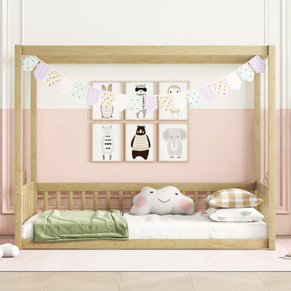 Twin Size Canopy Frame Floor Bed With Fence, Guardrails - Natural