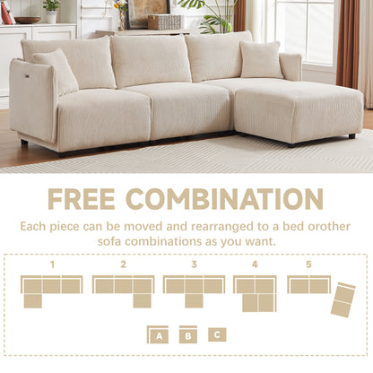 Multi Module Combination Style Sofa For Living Room And Other Lounge Spaces, Modern Minimalist Corduroy Combination Sofa With 2 Comfort Cushions With USB & C Charging Ports, 2 Sets - Beige