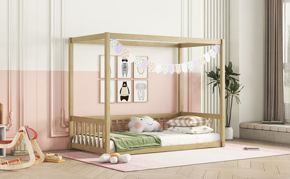 Twin Size Canopy Frame Floor Bed With Fence, Guardrails - Natural
