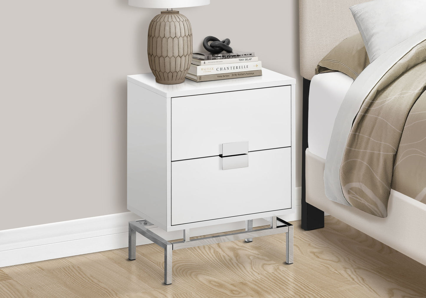 Accent Side Table, 2 Storage Drawer, Glossy Contemporary And Modern - White