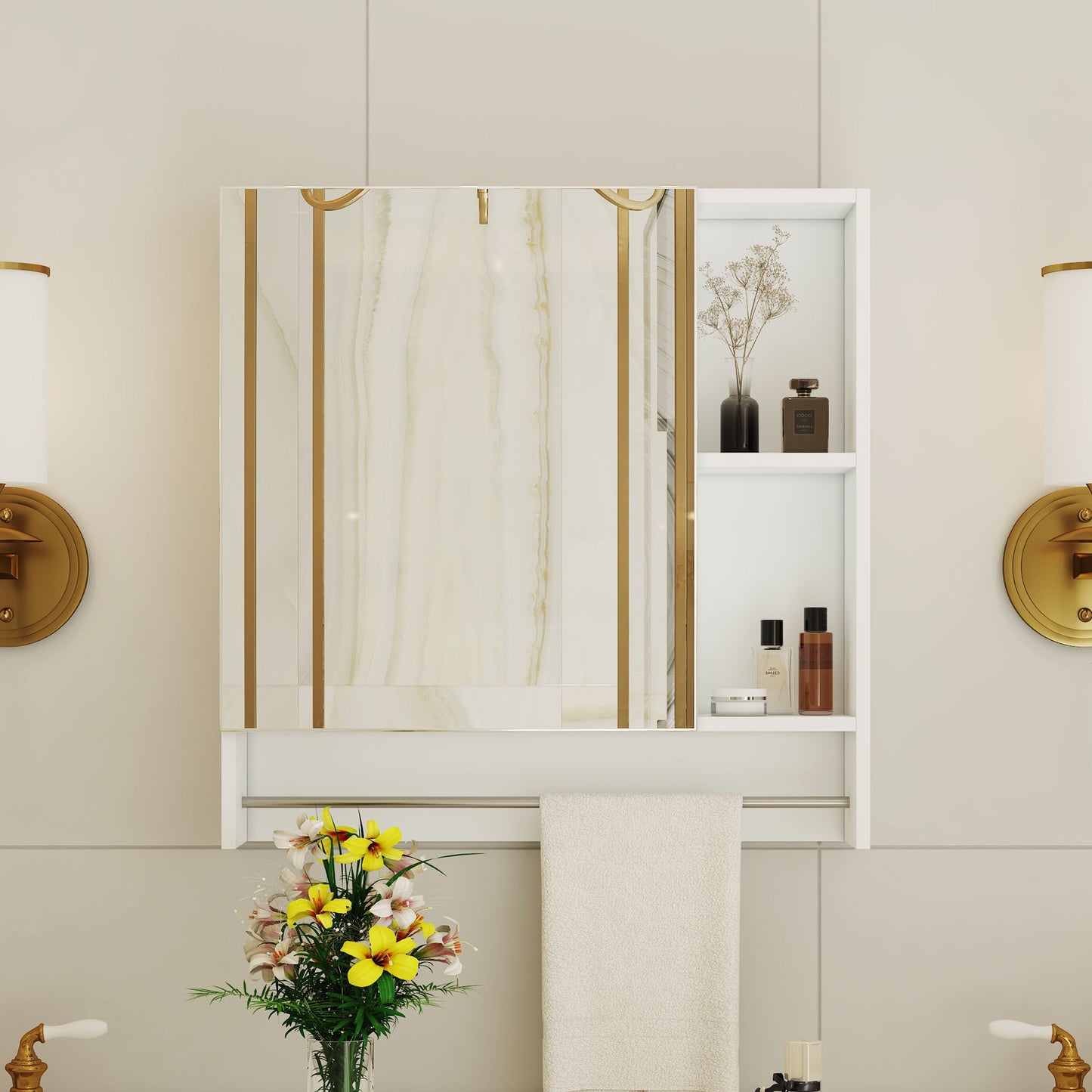 Wall Mounted Bathroom Storage Cabinet With Mirror Door, Medicine Cabinet, Over The Toilet Storage Cabinet With Shelves And Towel Rack - White