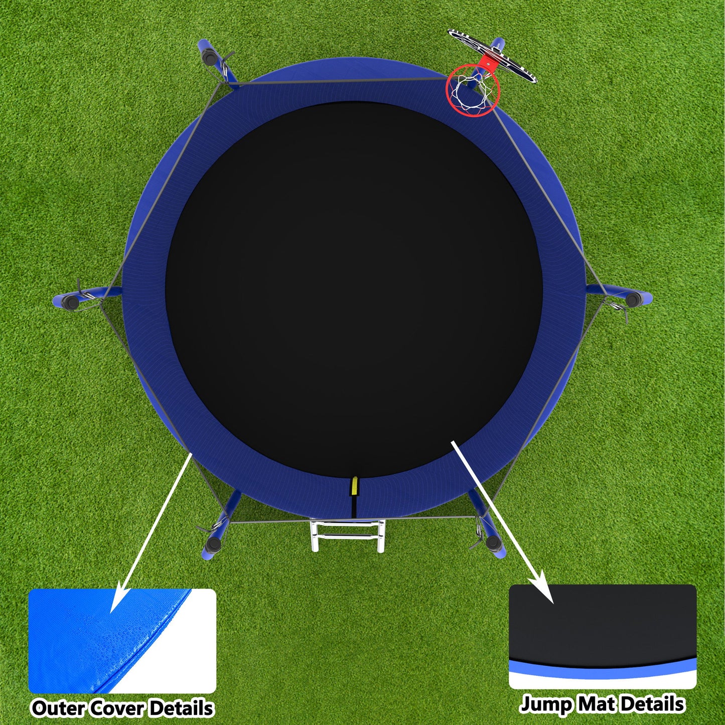 10' Trampoline With Basketball Hoop, Astm Approved Reinforced Type Outdoor Trampoline With Enclosure Net - Blue