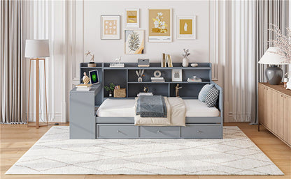 Twin Size Daybed With 3 Drawers USB Ports And Desk - Gray