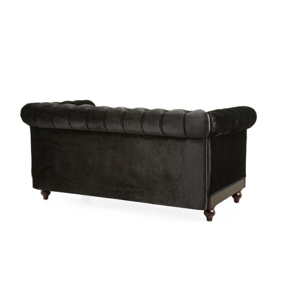 Chesterfield Velvet Loveseat Sofa, 2 Person Rolled Arm Upholstered Couch - Black