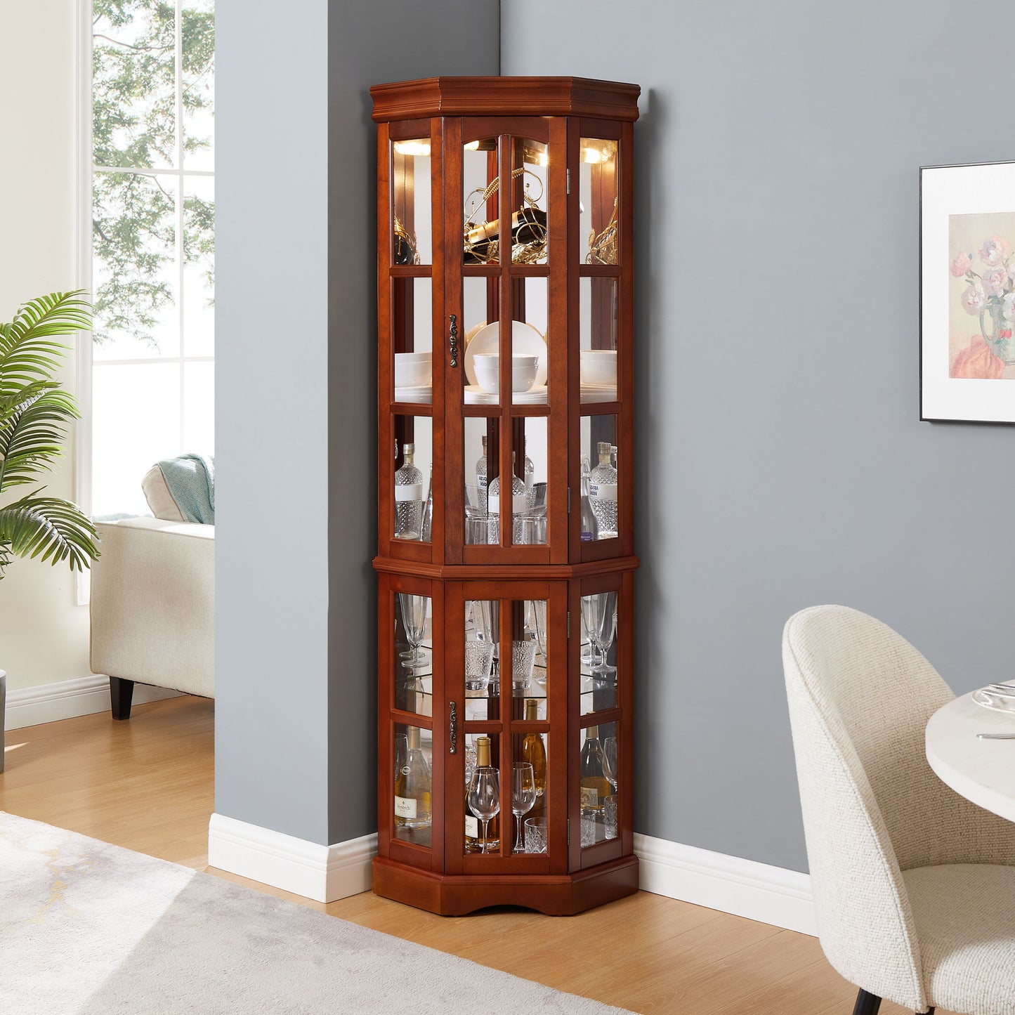 Corner Curio Cabinet With 5 Shelves And Lighting System (E26 Light Bulb Not Included) - Walnut