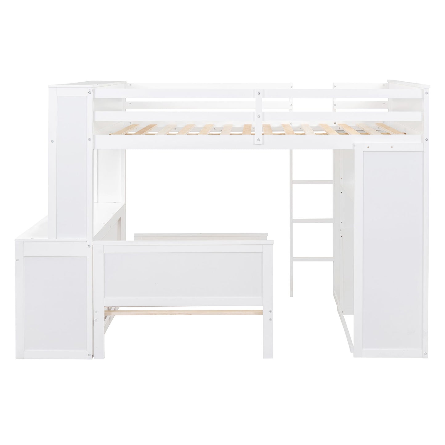 Full Size Loft Bed With A Twin Size Stand Alone Bed, Shelves, Desk, And Wardrobe - White
