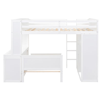 Full Size Loft Bed With A Twin Size Stand Alone Bed, Shelves, Desk, And Wardrobe - White