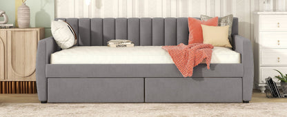 Twin Size Upholstered Daybed & Drawers, Slat Support - Gray