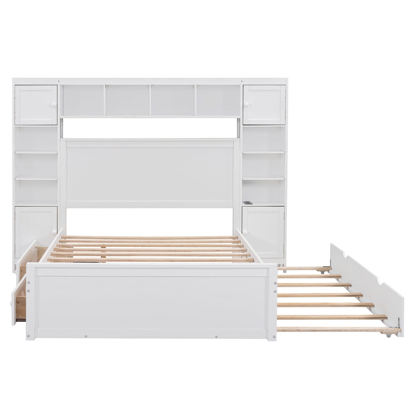 Full Size Bed With All In One Cabinet, Shelf And Sockets, Twin Size Trundle - White