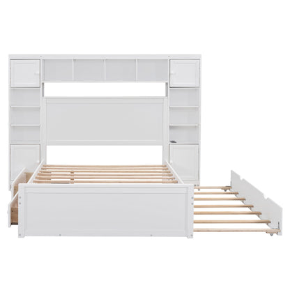 Full Size Bed With All In One Cabinet, Shelf And Sockets, Twin Size Trundle - White