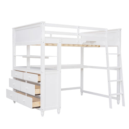 Full Size Loft Bed With Drawers And Desk With Shelves - White