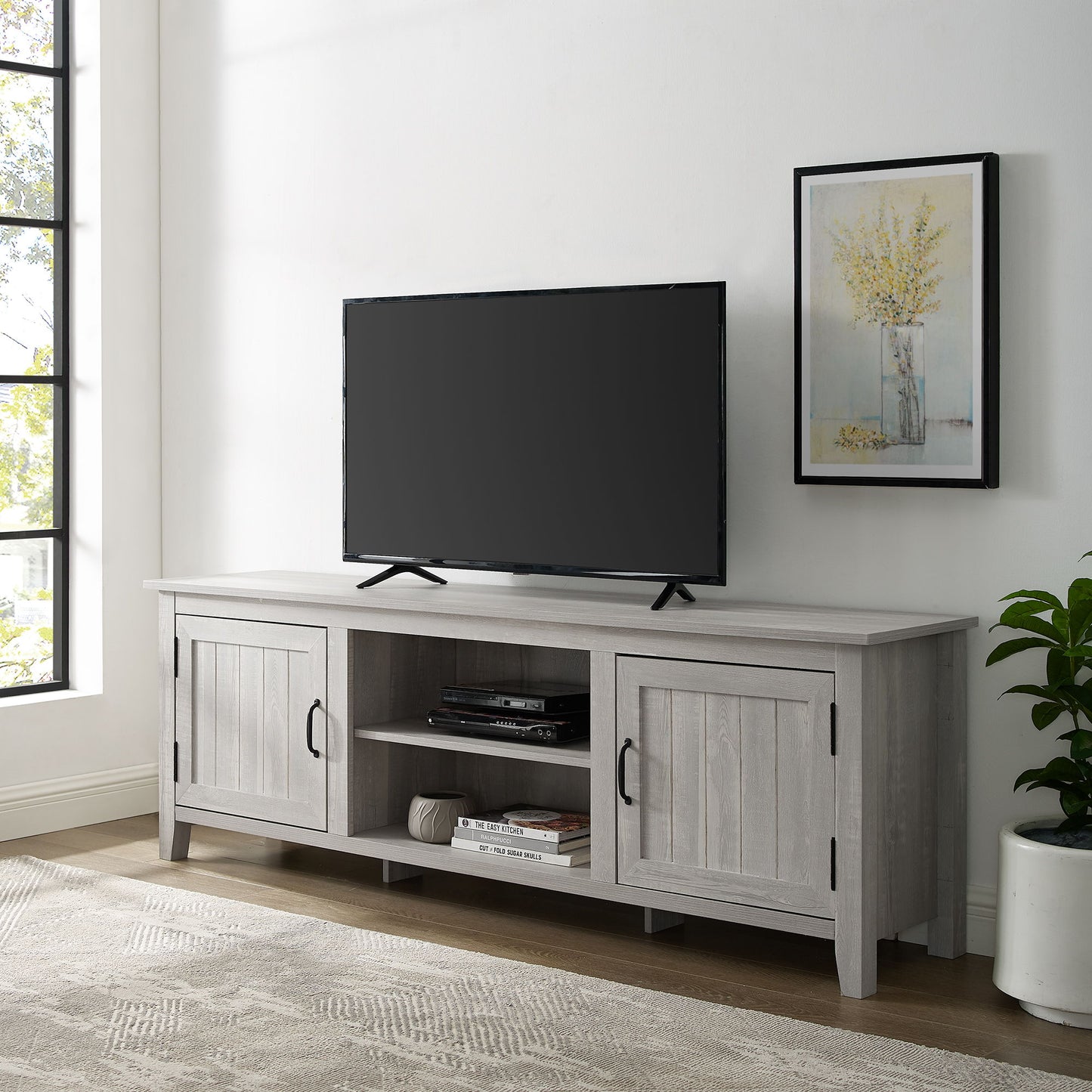Modern Farmhouse 2 Door Grooved 70" TV Stand For 85" TVs - Stone Gray