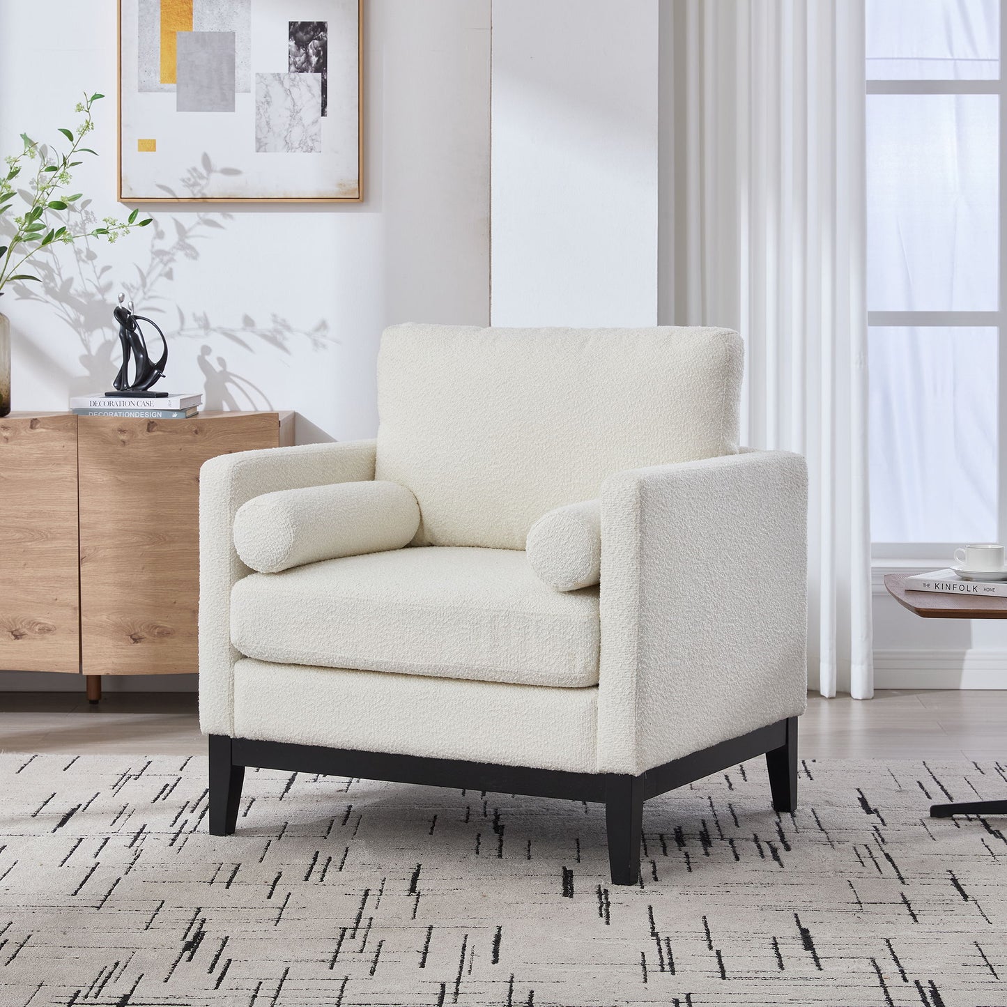 Wide Modern Farmhouse Performance Accent Chair With Black Legs, Wood Base Reading Armchair Single Sofa With 2 Bolster Pillows For Living Room Offices And Lounge - Ivory
