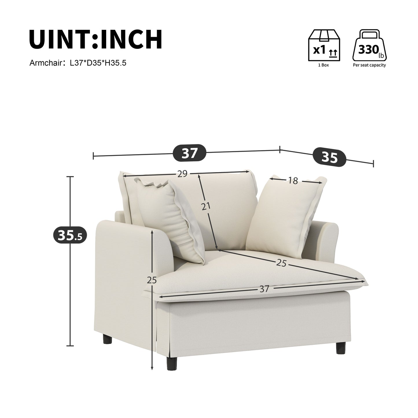 Oversized Single Seat Sofa Module For Modular Sectional Wide Seat, Armchair With Pillows Modern Upholstered Comfy Single Couch Lounge - Beige