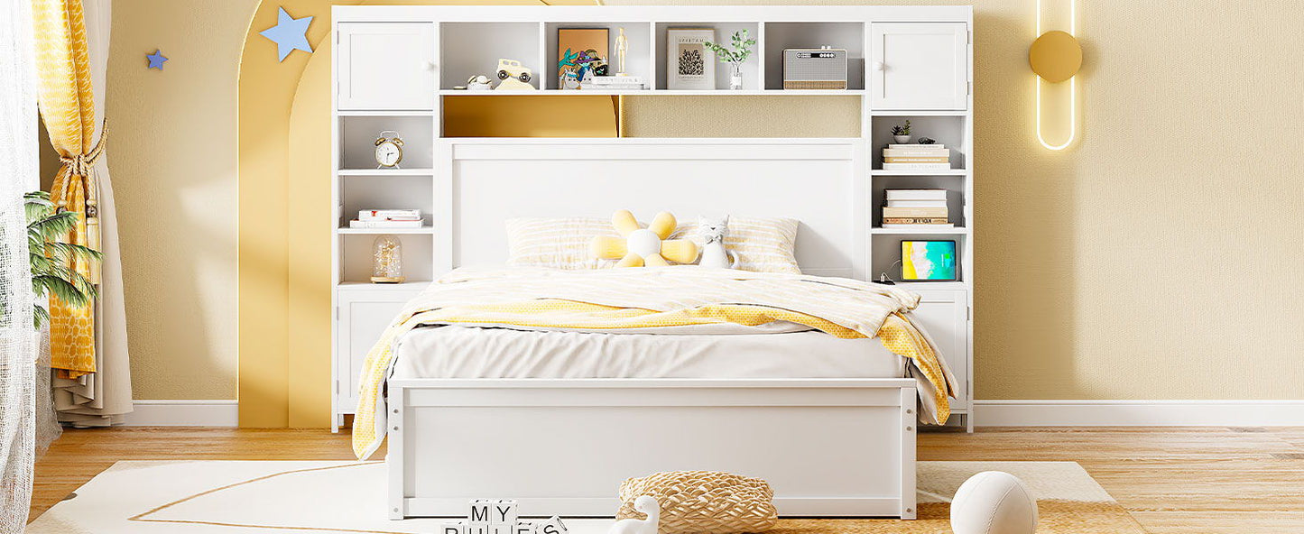 Queen Size Bed With All In One Cabinet, Shelf And Sockets, Twin Long Trundle - White
