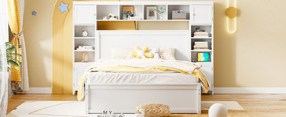 Queen Size Bed With All In One Cabinet, Shelf And Sockets, Twin Long Trundle - White