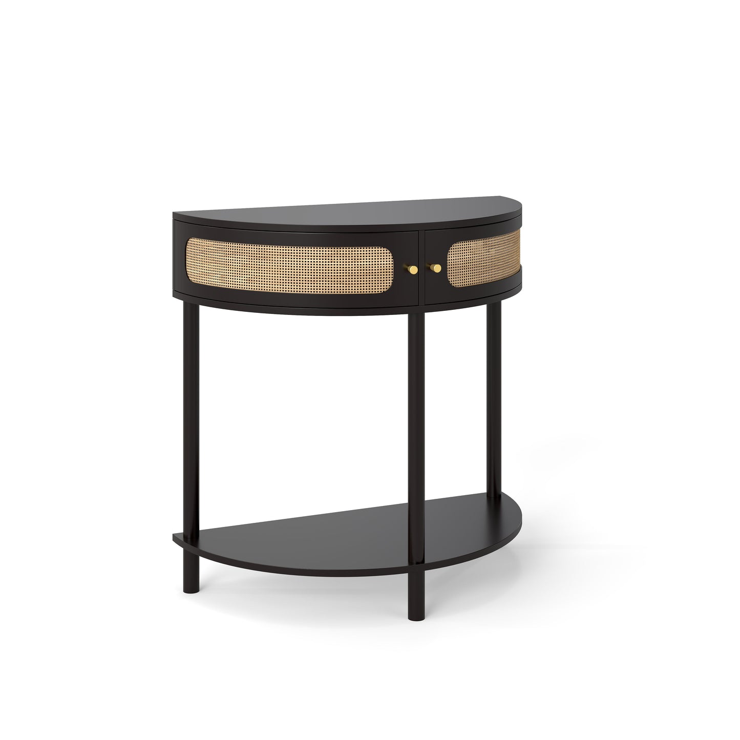 Boho Rattan Semi Circle End Table With Sliding Door, Elegant Wood Accent Table With Storage And Bottom Shelf - Black