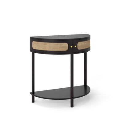 Boho Rattan Semi Circle End Table With Sliding Door, Elegant Wood Accent Table With Storage And Bottom Shelf - Black