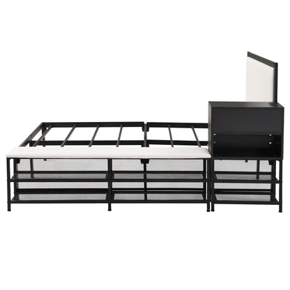 Full Size Platform Bed With 2 Tier Storage Shelves, Storage Cabinet - Black