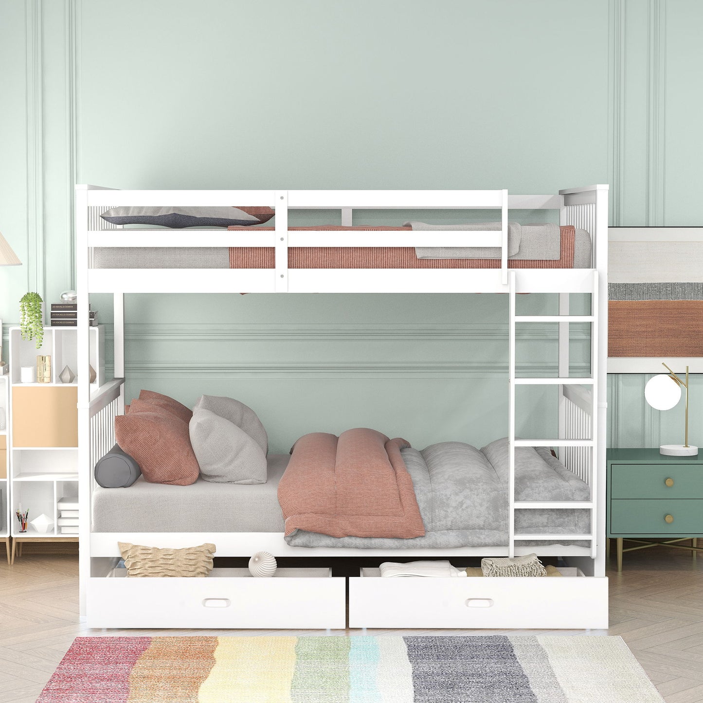 Twin Over Twin Bunk Bed With Ladders And 2 Storage Drawers - White