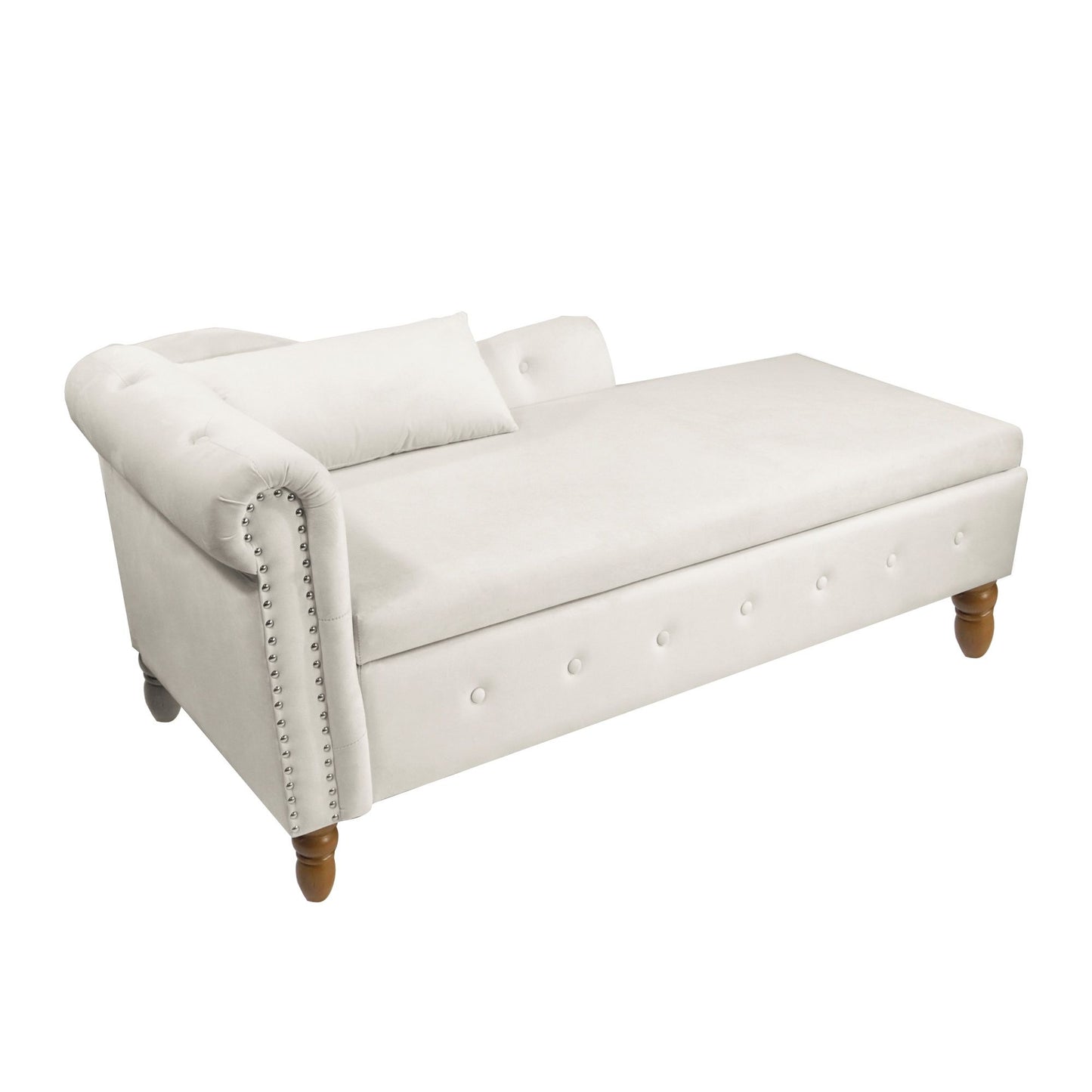 Chaise Lounge Indoor, Velvet Lounge Chair For Bedroom With Storage & Pillow, Modern Upholstered Rolled Arm Chase Lounge For Sleeping With Nailhead Trim For Living Room Bedroom Office - Beige