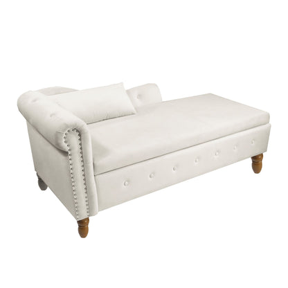 Chaise Lounge Indoor, Velvet Lounge Chair For Bedroom With Storage & Pillow, Modern Upholstered Rolled Arm Chase Lounge For Sleeping With Nailhead Trim For Living Room Bedroom Office - Beige