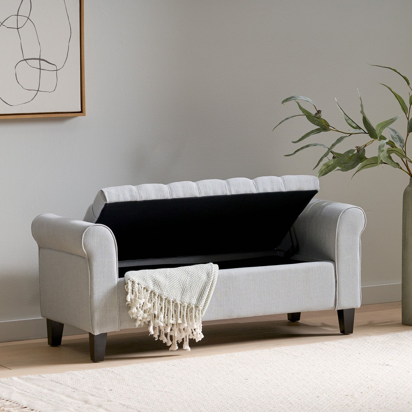 Hayes - Contemporary Armed Storage Bench With Button Tufting And Rolled Arms - Light Gray