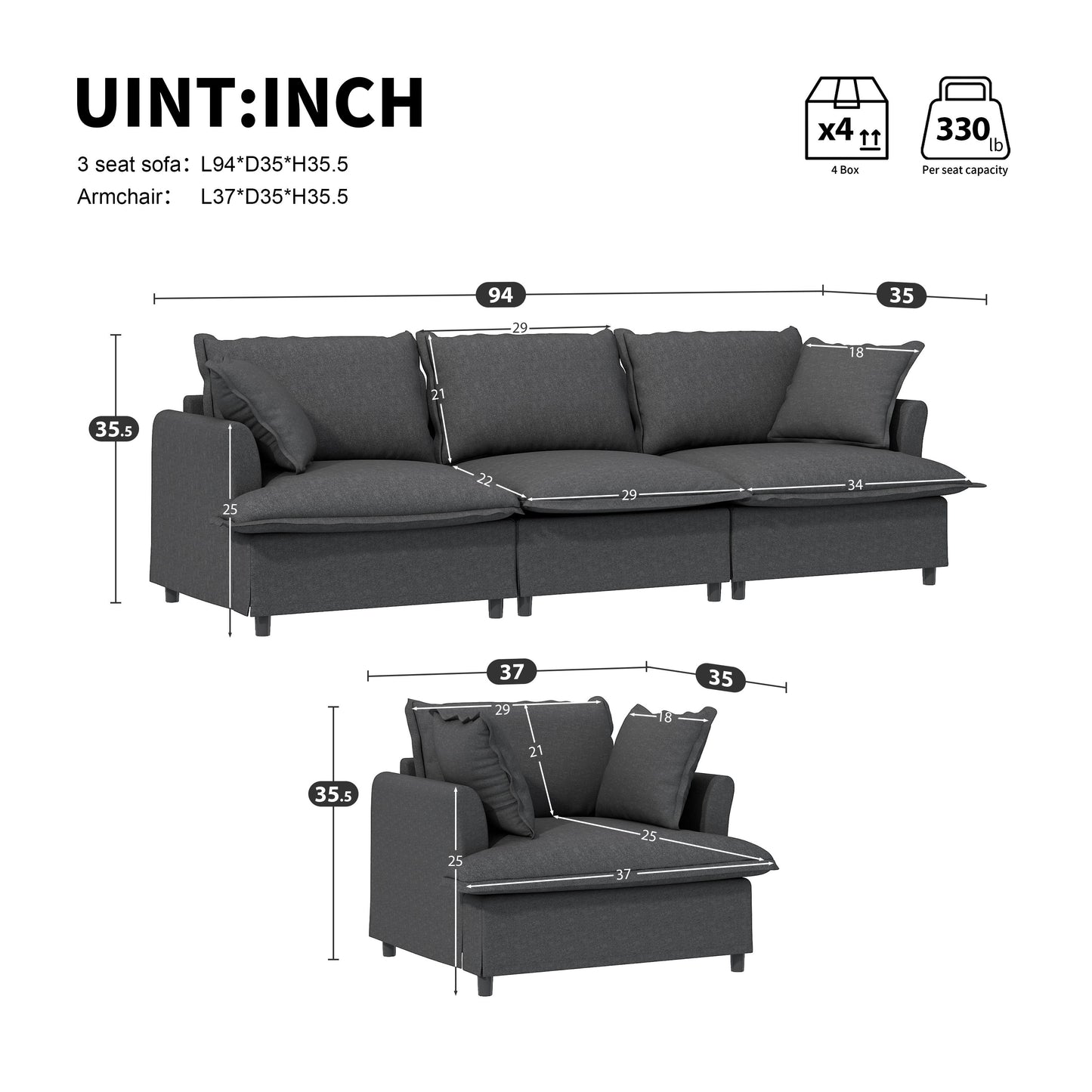 2 Piece Living Room Set With Throw Pillows Sectional Couch Sets, Upholstered 3 Seater Sofa & Armchair 4 Seat - Gray